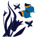 The large blue butterfly, two small dark butterflies and lilies